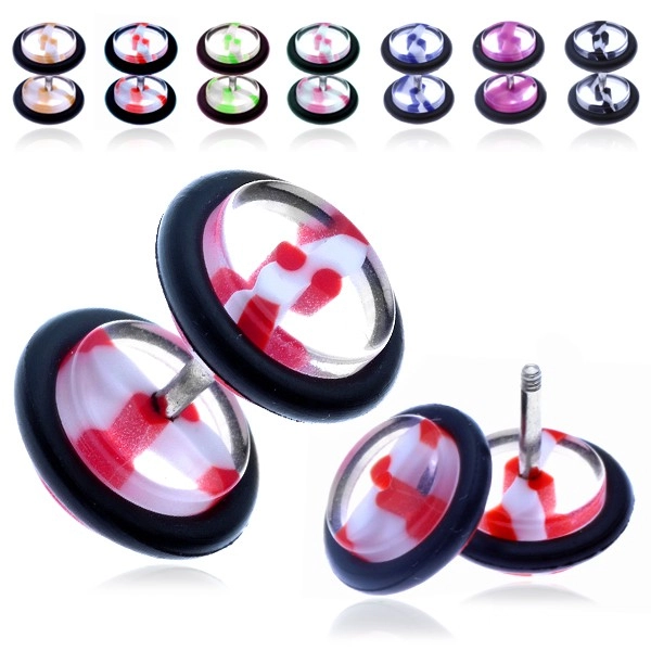 Levně Akrylový fake plug - průhledné kolečko s barevným pruhem - Barva piercing: Černá