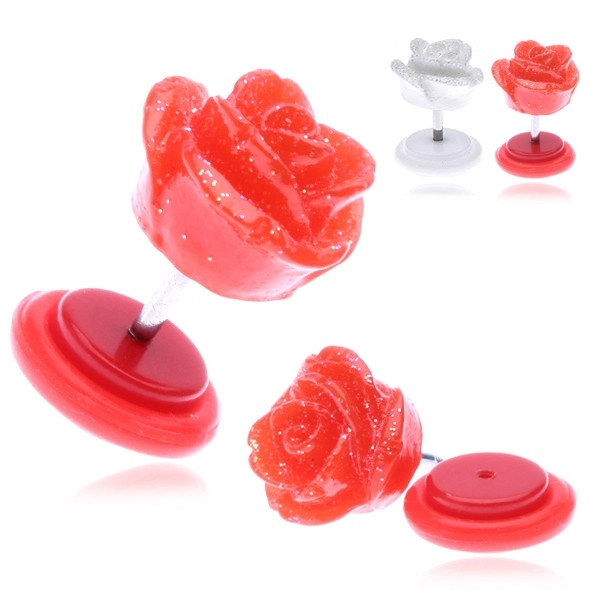 Falešný piercing do ucha z akrylu se třpytivou růžičkou - Barva piercing: Červená