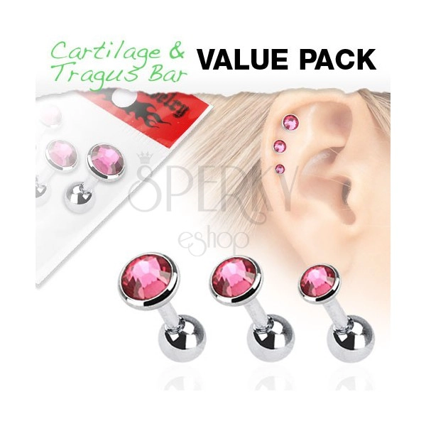 Sada tří ocelových piercingů do ucha s kulatými růžovými zirkony