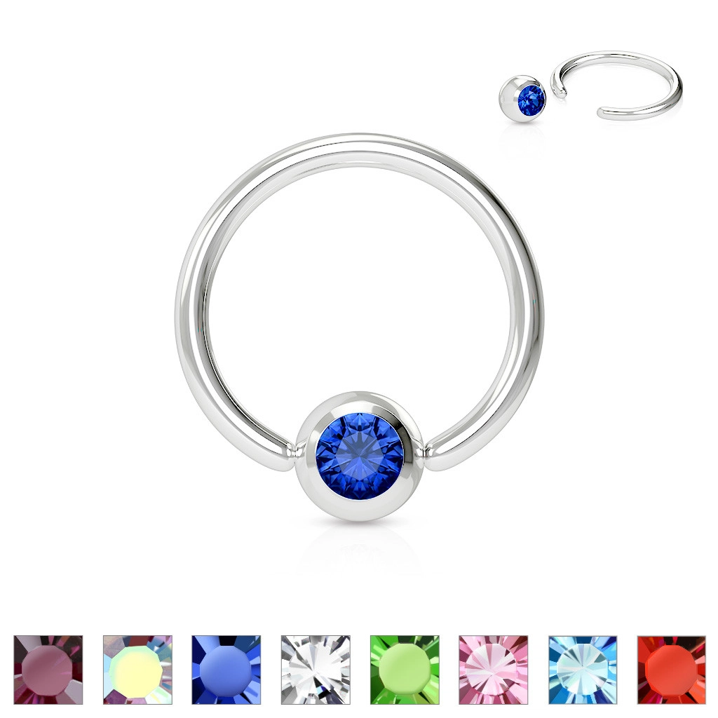 Piercing z chirurgické oceli - kroužek s barevným krystalkem v kulaté objímce - Rozměr: 1,2 mm x 10 mm, Barva zirkonu: Aqua modrá - Q