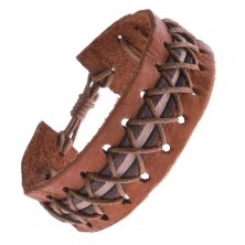 Kožený náramek - karamelovo hnědý, ozdobný pruh, křížené šňůrky