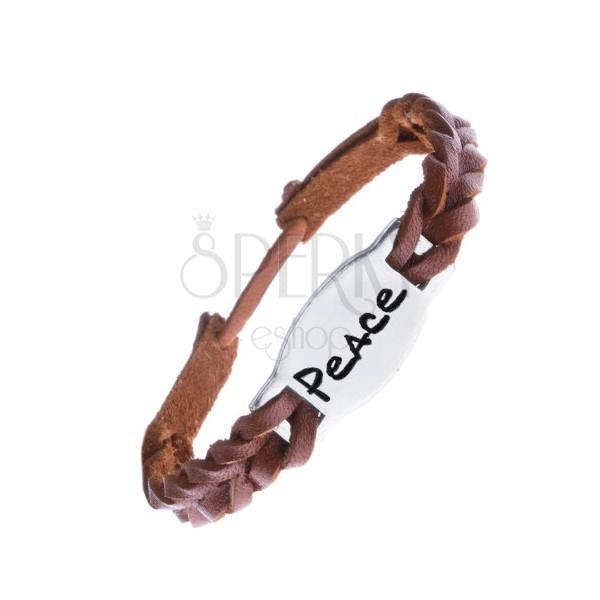 Úzký pletený náramek z kůže - karamelový, známka "PEACE"