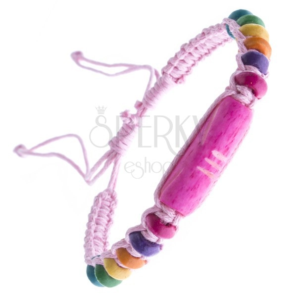 Pletený náramek ze šňůrek - světle růžový, dvojí oblé korálky