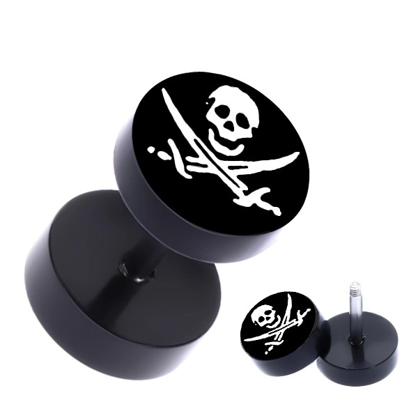 Falešný ocelový piercing do ucha - pirátský motiv, černý
