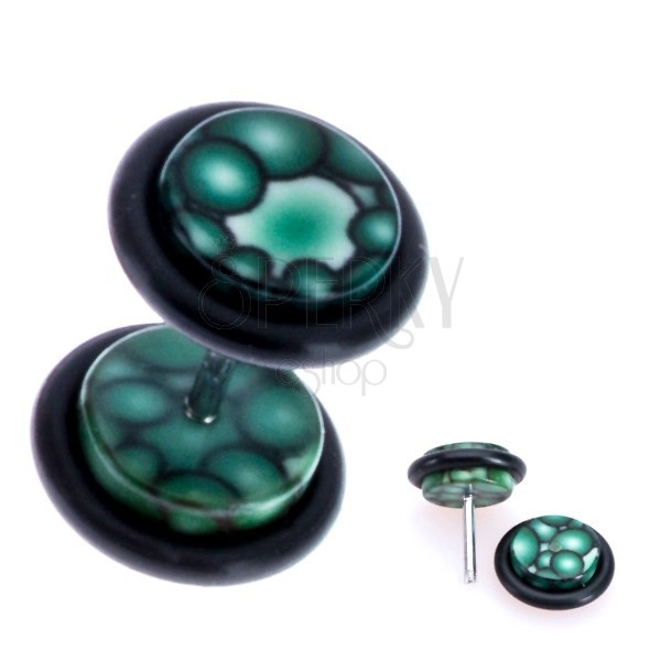 Zelený fake plug z akrylu - motiv bublinek na kolečku