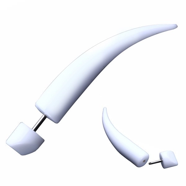 Bílý akrylový fake expander do ucha - lesklý ohnutý hrot - Rozměr: 8 mm x 55 mm