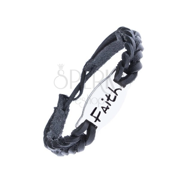 Úzký pletený náramek z kůže - černý se známkou "FAITH"