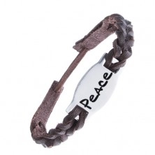 Úzký pletený náramek z kůže - tmavohnědý, známka "PEACE"