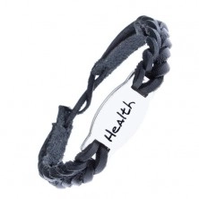 Kožený černý náramek - pletený, známka, nápis "HEALTH"