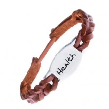 Pletený náramek z kůže - hnědý, ocelová známka "HEALTH"