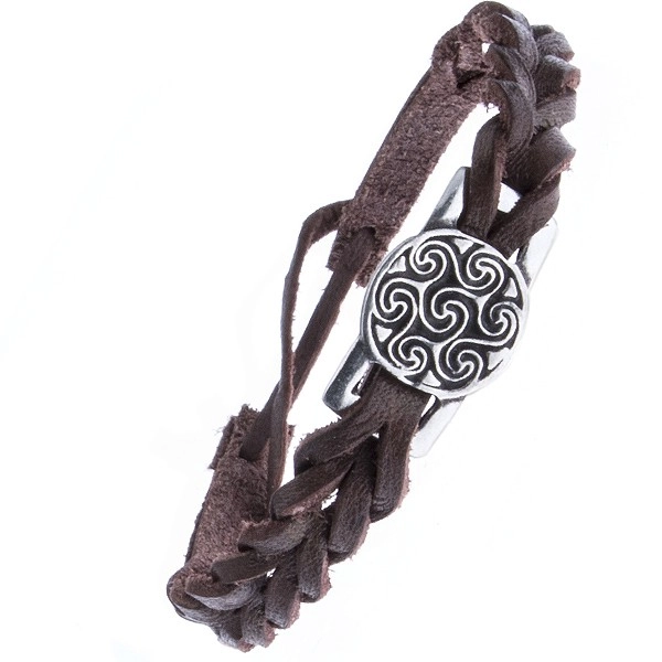 Levně Hnědý kožený náramek pletený - známka, keltský motiv slunce