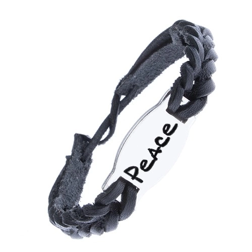 Levně Pletený kožený náramek - černý, ocelová známka "PEACE"