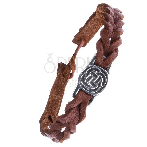 Kožený karamelově hnědý náramek - pletenec, keltský uzel v kruhu