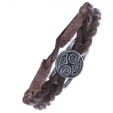 Hnědý kožený řemínek na ruku - pletený, známka, keltské uzlíky