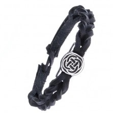 Černý kožený náramek - pletenec, keltský uzel v kruhu