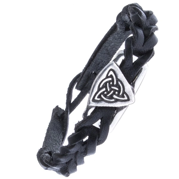 Levně Černý kožený náramek - pletený, keltský uzel s kruhem
