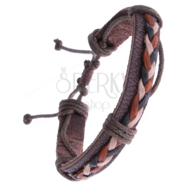 Hnědý kožený náramek – trojbarevné pletené šňůrky