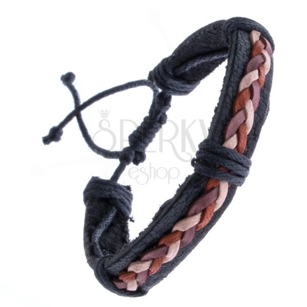 Černý kožený náramek – trojbarevné zapletené šňůrky
