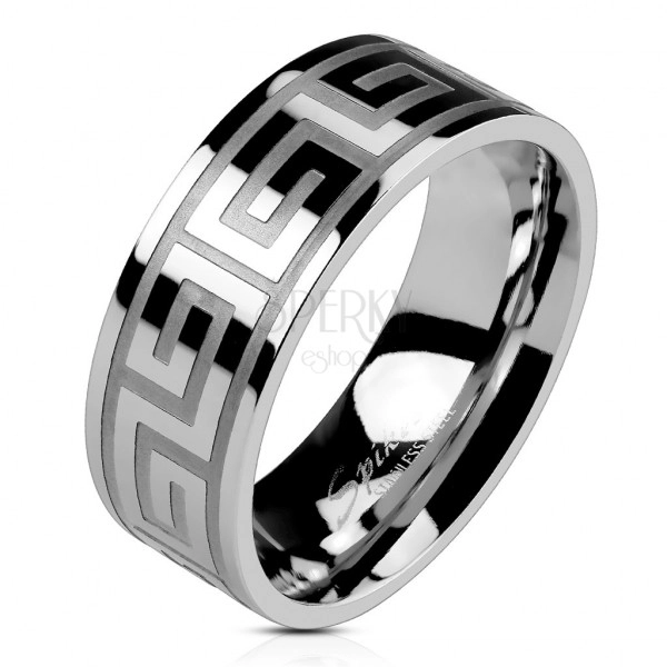 Prsten z oceli stříbrné barvy, lesklý povrch, řecký klíč, 8 mm