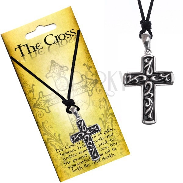 Černý náhrdelník - šňůrka, přívěsek, kříž s listy