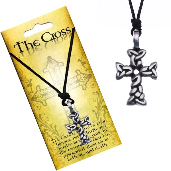 Levně Černý náhrdelník - šňůrka, kříž z propletených oválů