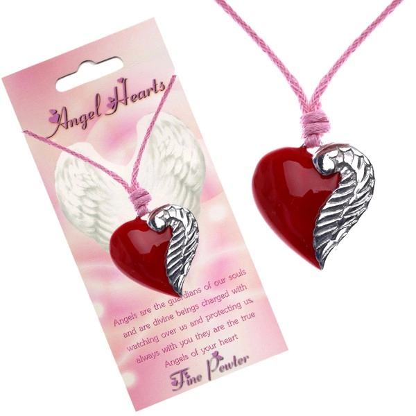 Šňůrkový náhrdelník s červeným přívěskem srdce a křídlem