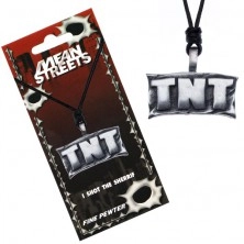 Šňůrkový náhrdelník, kovový přívěsek - tabule s nápisem "TNT"