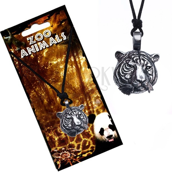 Šňůrkový náhrdelník, kovový přívěsek, hlava tygra