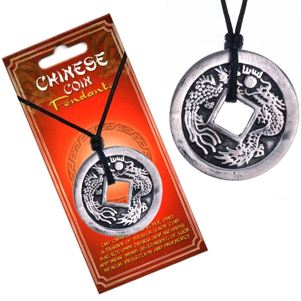 Levně Černý náhrdelník, čínská mince s patinou, znaky a dva draci