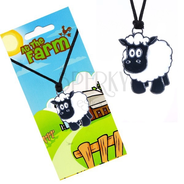 Šňůrkový náhrdelník s přívěskem, čirno-bílá ovečka