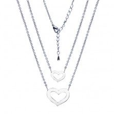 Dvojitý lesklý náhrdelník, rhodiovaný, srdce dvou velikostí 