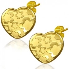 Zlaté srdcové náušnice z oceli - motiv květů