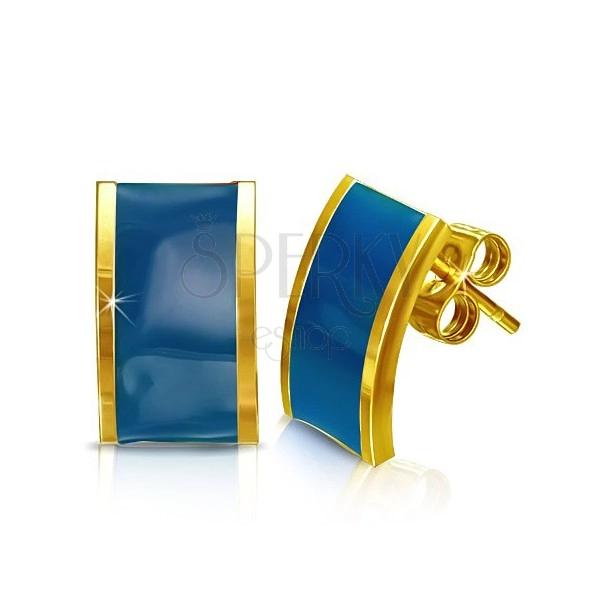 Ocelové náušnice - zlaté obdélníky s modrou výplní