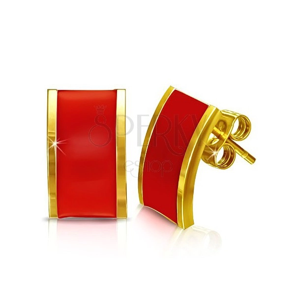 Ocelové náušnice - zlaté obdélníky s červeným povrchem