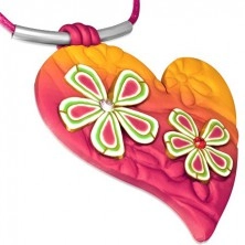 Náhrdelník FIMO, růžovo-oranžové srdce s květy a zirkony