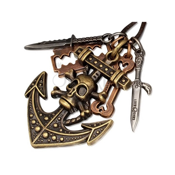 Náhrdelník z kůže, pirátská kotva s noži, kostí a žiletkou