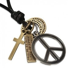 Kožený šňůrkový náhrdelník - pět přívěsků, symbol míru