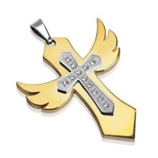 Ocelový přívěsek zlatá křídla s křížem se zirkony