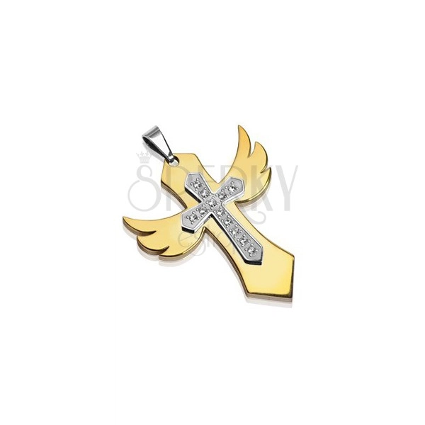 Ocelový přívěsek zlatá křídla s křížem se zirkony