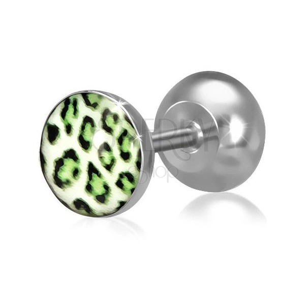 Falešný piercing do ucha z oceli, kruh se zeleným leopardím vzorem