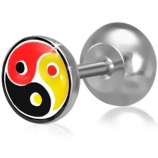Fake plug do ucha z oceli, barevný Yin-Yang motiv