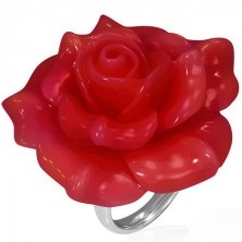 Ocelový prsten - červená rozkvetlá růže, živice