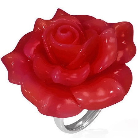Ocelový prsten - červená rozkvetlá růže, živice - Velikost: 60