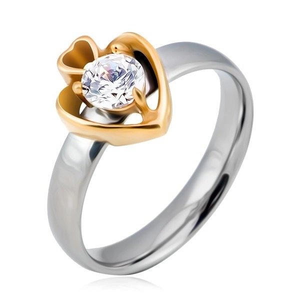 Oceľový prsteň, strieborný kruh a dve zlaté srdcia so zirkónom - Velikost: 50