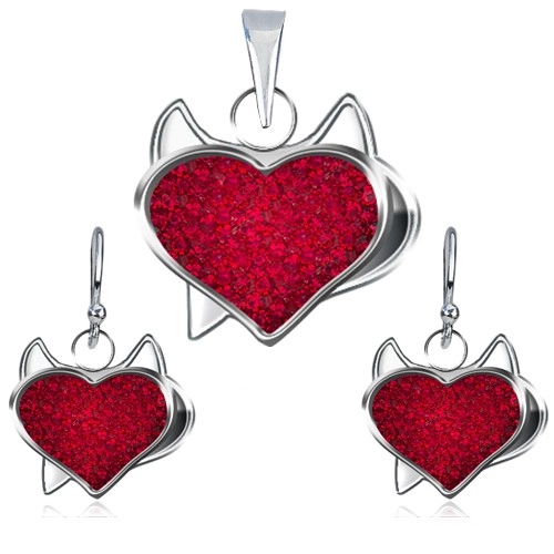 Levně Stříbrný set 925 přívěsku a náušnic - červené zirkonové srdce, čertík
