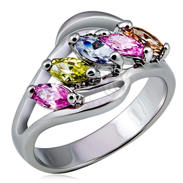 Kovový prsten, rozvětvená ramena s barevnými zirkony v řadě
