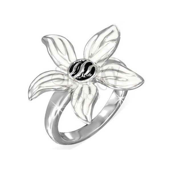 Ocelový prsten, černobílý glazovaný květ