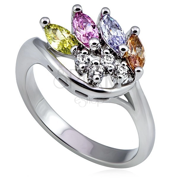 Stříbrný kovový prsten, korunka z barevných a čirých zirkonů 