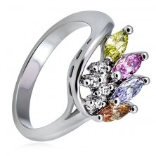 Stříbrný kovový prsten, korunka z barevných a čirých zirkonů 