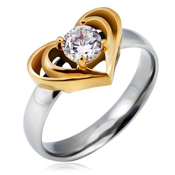 Stříbrný ocelový prsten se zlatým dvojitým srdcem, čirý zirkon - Velikost: 51